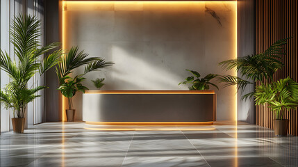 A large room with a black desk and two potted plants