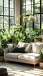 © Syahrul Zidane A - A modern living room filled with lush potted plants like monsteras, ferns, and succulents, sunlight streaming in through large windows