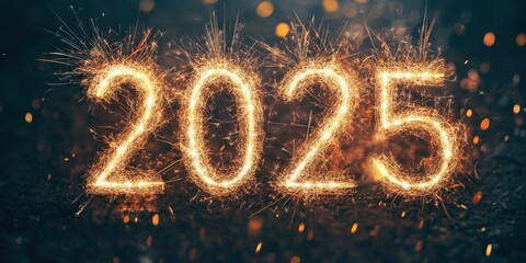 The image shows the year 2025 in sparkler lights.