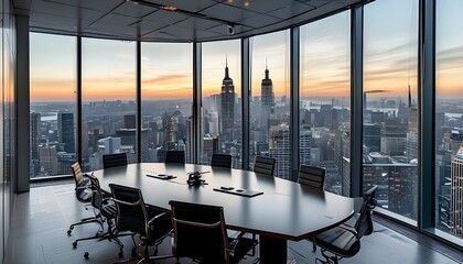 Modern conference room with panoramic cityscape views, equipped for large groups and featuring a spacious table in a high-rise office setting