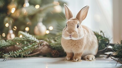 Wall Mural - A small brown rabbit is sitting on a Christmas tree. The rabbit is looking at the camera with curiosity