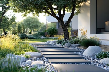 Modern house garden with stone and gravel, an orange tree in the center of the landscape design