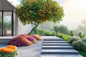 Modern house garden with stone and gravel, an orange tree in the center of the landscape design