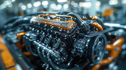 Poster - Close-up of the engine of an Hybrid car in a specialized showroom, . The engine bay is open, showcasing the powerful and meticulously designed engine with exceptional clarity.