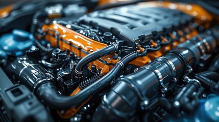 Poster - Close-up of the engine of an Hybrid car in a specialized showroom, . The engine bay is open, showcasing the powerful and meticulously designed engine with exceptional clarity.