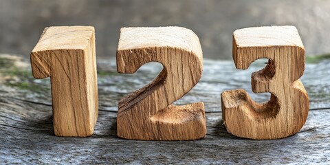 Three wooden blocks shaped like the numbers 1, 2, and 3.