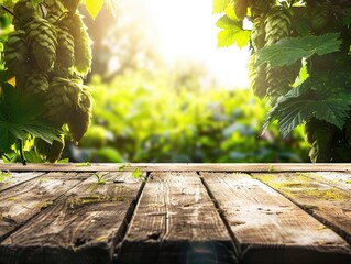 Hop Background. Brewery Concept with Ripe Green Cones Displayed on Wooden Table in Sunlight