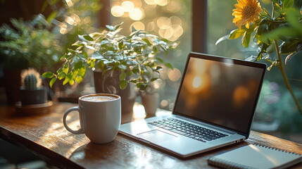 Aufkleber - A clean and minimalist workspace with a laptop, a notebook, and a steaming cup of coffee,