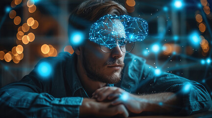 Poster - Caucasian man in glasses sitting on the table in front of us in glasses looking at the connecting the neural and mental connections mind projection on table, technology background.