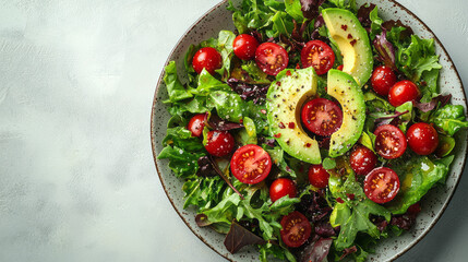 A healthy green salad with mixed greens, avocado slices, and bright cherry tomatoes, placed on a simple white background to highlight the freshness and color of the ingredients