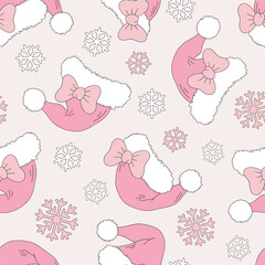 Sticker - Cute Pink Girly Santa hat with bow vector seamless pattern. Coquette Christmas background.