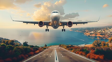 Poster - An airplane making a landing to the airport located near the sea.