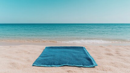 A vibrant blue beach mat lies on soft sand beside calm turquoise waters under a clear sky, capturing a serene coastal atmosphere.