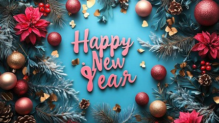 Poster - Modern Happy New Year playful handwritten font on a soft teal background with abstract golden shapes for a vibrant holiday card