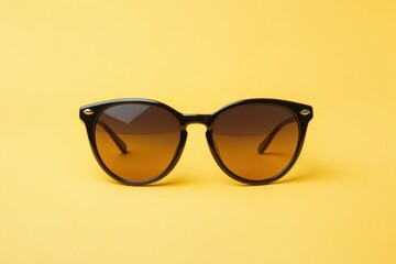 Stylish black sunglasses with gradient lenses against a bright yellow background.