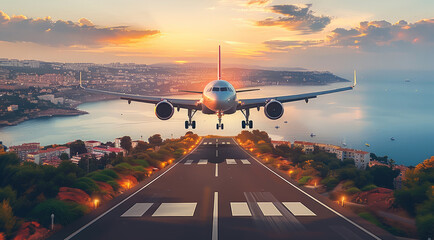 Poster - An airplane making a landing to the airport located near the sea.