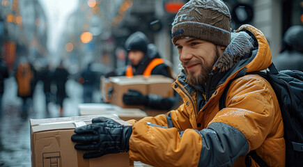 Poster - Volunteers collect humanitarian aid boxes in the street for immigrants.
