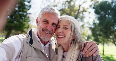 Poster - Senior couple, face and outdoor selfie in park for relationship bonding, retirement and support. Old people, portrait and picture together in nature for memory, love hug and trust for happy marriage