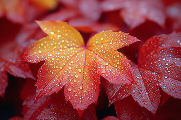 Poster - A close-up of bright red and golden leaves with dew drops glistening in the soft morning light,