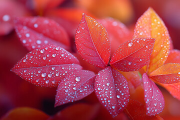 Poster - A close-up of bright red and golden leaves with dew drops glistening in the soft morning light,