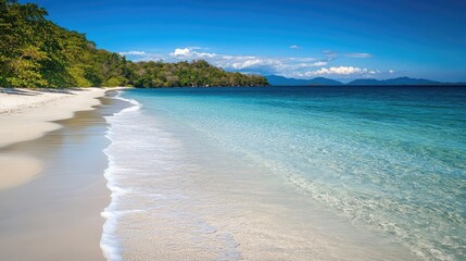 Wall Mural - A peaceful island beach with smooth, white sand and crystal-clear waters lapping gently at the shore under a bright, cloudless sky.