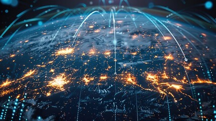 Fototapete - Digital planet earth background with connected technology devices and icons.