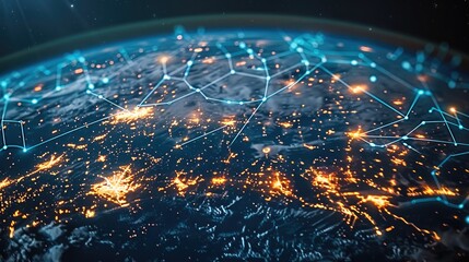 Fototapete - Digital planet earth background with connected technology devices and icons.