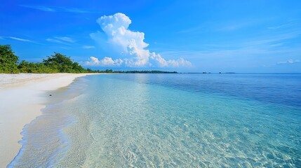 Wall Mural - A peaceful island beach with smooth, white sand and crystal-clear waters lapping gently at the shore under a bright, cloudless sky.