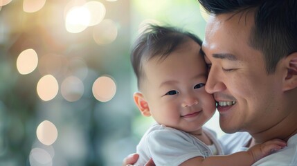 Infant Asian. Asian American Father Hugging Son, Smiling, Care and Love