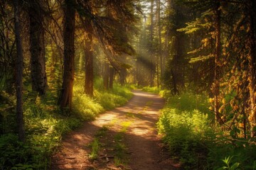 Wall Mural - Sunlit Path in National Park: Forest Trail Leading to Glacial Landscape