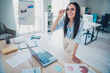 Wall Mural - Photo of professional lovely lady working netbook wear striped formalwear coworking successful businesswoman nice light office