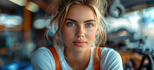 Leinwandbilder - A young female mechanic leaning over a car engine in a modern workshop, wearing a white t-shirt and orange overalls.