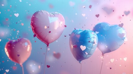 Poster - Heart-shaped balloons in pastel shades of pink, blue, and white floating against a soft gradient background, with tiny paper hearts scattered around them.