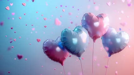 Poster - Heart-shaped balloons in pastel shades of pink, blue, and white floating against a soft gradient background, with tiny paper hearts scattered around them.