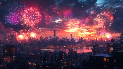 Poster - Modern New Year celebration background a cityscape view illuminated by dazzling fireworks and a vibrant party scene on a rooftop