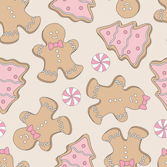 Wall Mural - Cute pink gingerbread cookies vector seamless pattern. Coquette Christmas background.