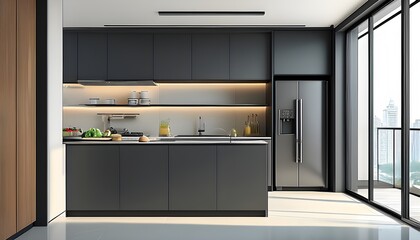 Sleek modern kitchen design featuring elegant counter and refrigerator in a contemporary setting