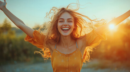 Wall Mural - A woman jumping in the air with a wide smile, her arms stretched out in pure joy,