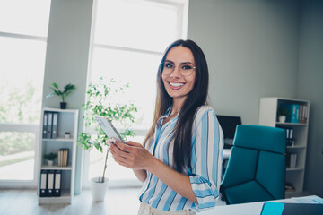 Poster - Photo of professional lovely lady hold device wear striped formalwear coworking successful businesswoman nice light office