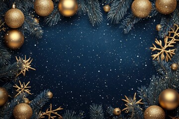 Christmas card. Frame borders made of gold balls, decorations, fir branches on dark blue background. Luxury style with generative ai