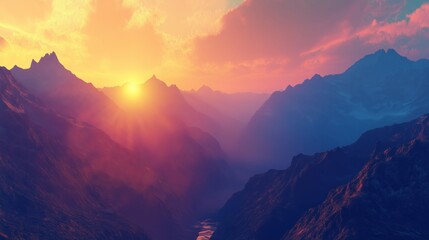 Wall Mural - vibrant sunset illuminating mountain ranges and deep valleys in a serene landscape