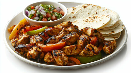 Grilled Chicken Fajitas with Tortillas and Fresh Salsa - A flavorful plate of grilled chicken fajitas served with bell peppers, warm tortillas, and a side of fresh salsa.