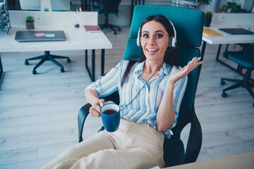 Sticker - Photo of professional lovely lady coffee headphones call center wear striped formalwear coworking successful businesswoman light office