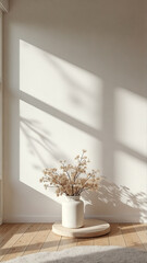 White vase with flowers sits on a wooden tray in a room with a lot of natural