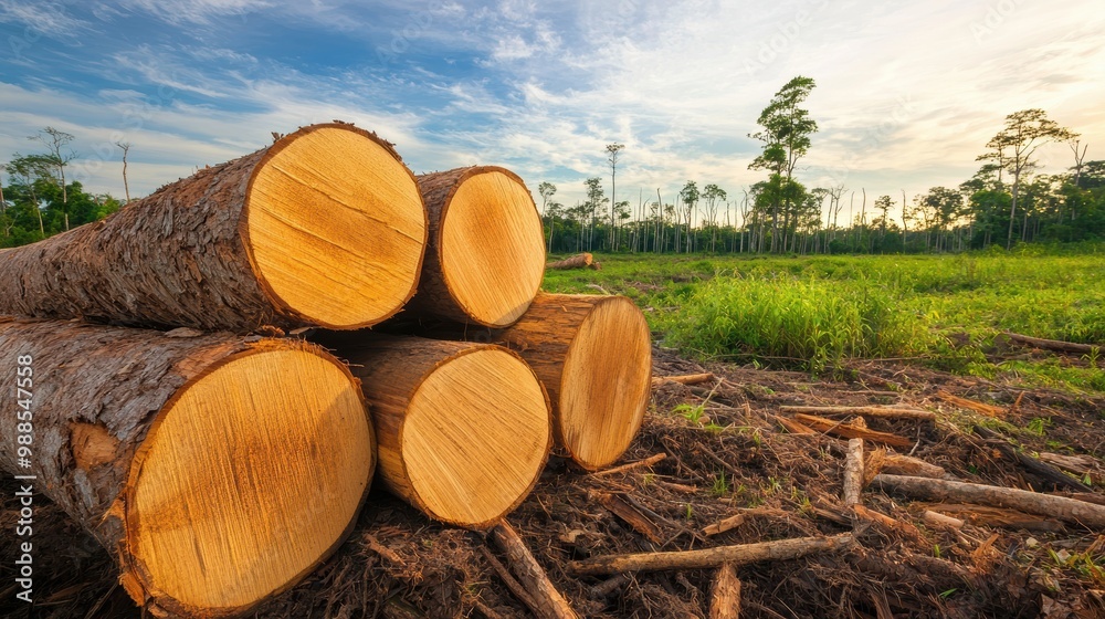 Deforestation with freshly cut logs in forest A clear image of ...
