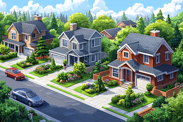 Sticker - Cozy suburban houses with neatly trimmed lawns and parked cars