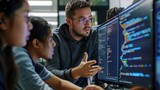 A tech mentor explaining complex coding concepts to a group of eager students, with computer screens displaying intricate code.