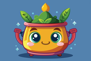 Poster - The cheerful cartoon pot displays fresh greenery and a glowing leaf, radiating positivity and joy, a cartoon character Charming cartoon pot