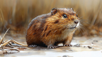 An adorable brown rodent foraging near water, showcasing its vibrant fur and inquisitive expression among natural surroundings.