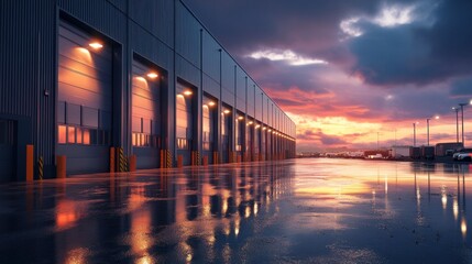 Exterior of a modern warehouse at sunset, with bright lights and reflections on the wet ground, creating a dramatic scene.